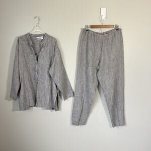 Chicos Design Pants Top Set Size 2 US L Gray 100% Linen 2 Piece Lagenlook
